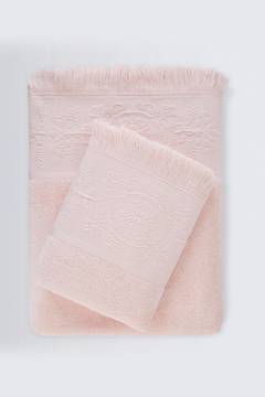Handdoek medaillon borduurwerk franjes 50 x 90 cm 100% katoen Poederroze