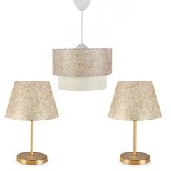 Set van 2 tafellampen en 1 hanglamp Takaro Wit metaal en gouddraad geborduurd patroon
