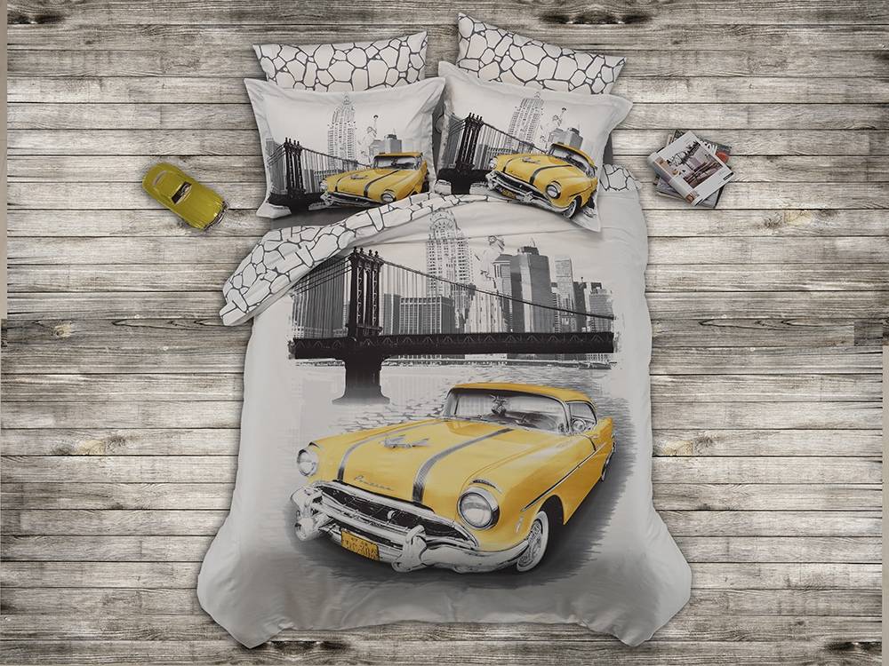 3-teiliges Set Einzelbettwäsche Noctis illustration taxi gelb Satin aus Baumwolle gelb grau schwarz