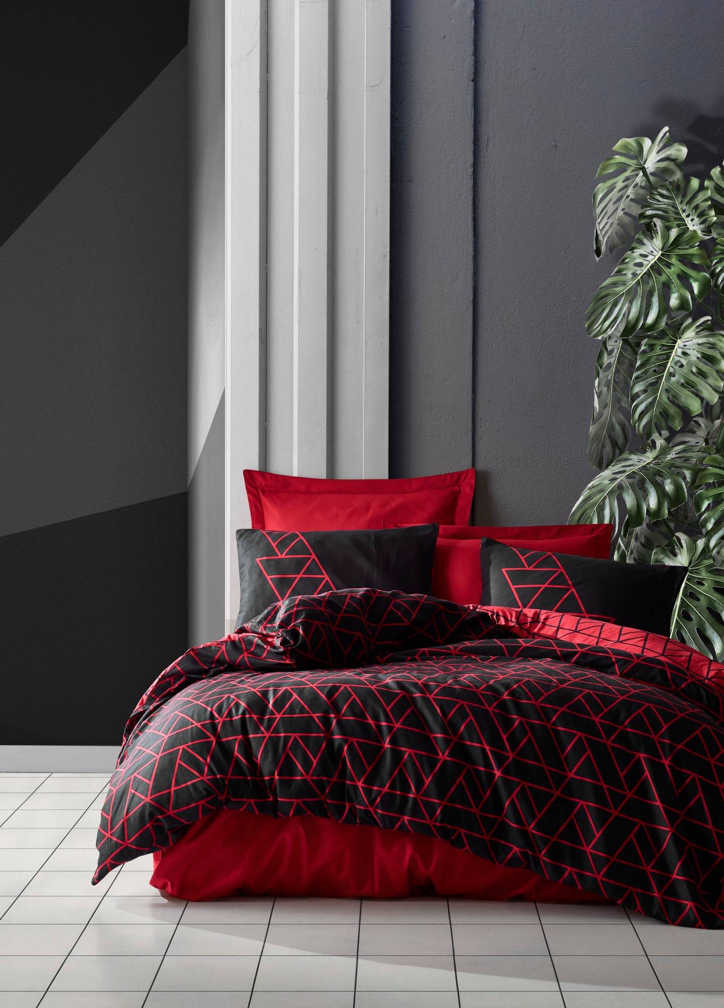 Set 4 pièces parure de lit double Noctis frises géométriques Coton Renforcé Rouge Noir