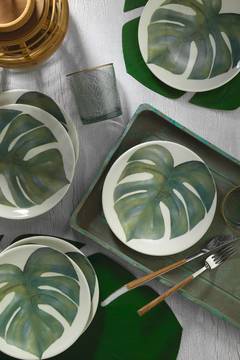 Set Dessertteller 6 Stück Odys Ø 20 cm Porzellan Grün Opalin mit grüner Blattintarsie