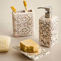Obasi 3-delige handgemaakte badkamer accessoire set Polyresin Wit crème