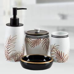 Set di accessori da bagno in poliresina Ekene 4 pezzi Bianco e nero Motivo a foglie marroni