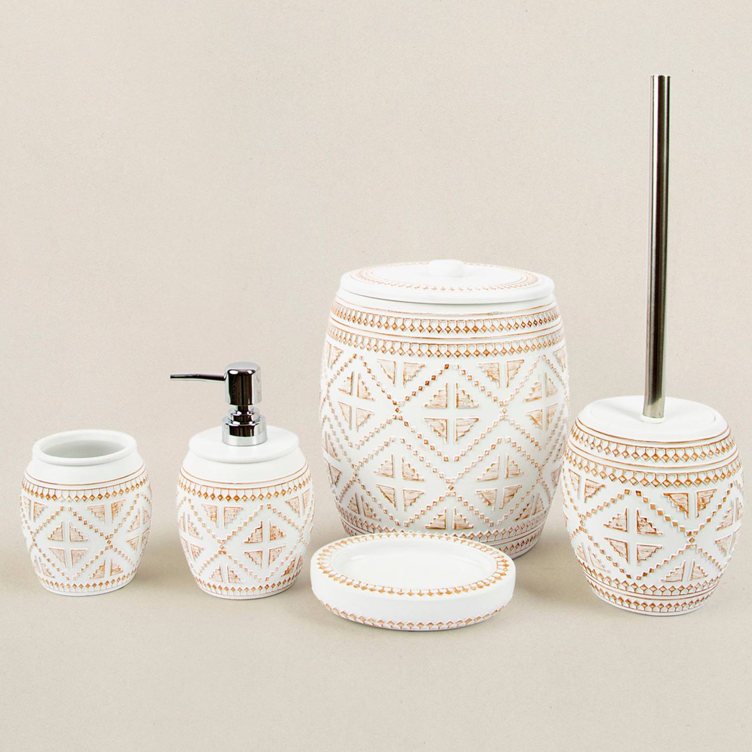 Set d'accessoires de salle de bain 5 pièces Samat Polyrésine Motif  Arabesque Or et blanc