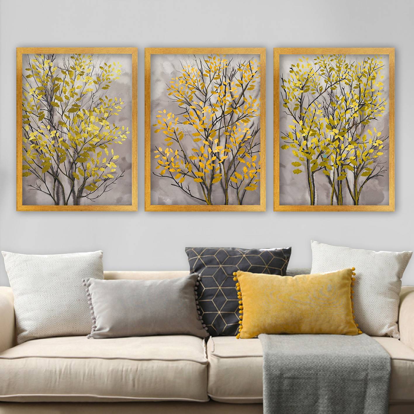 Set van 2 schilderijen met lijst Capileira Licht Hout 35x45cm Winterbomen Grijs en Goud