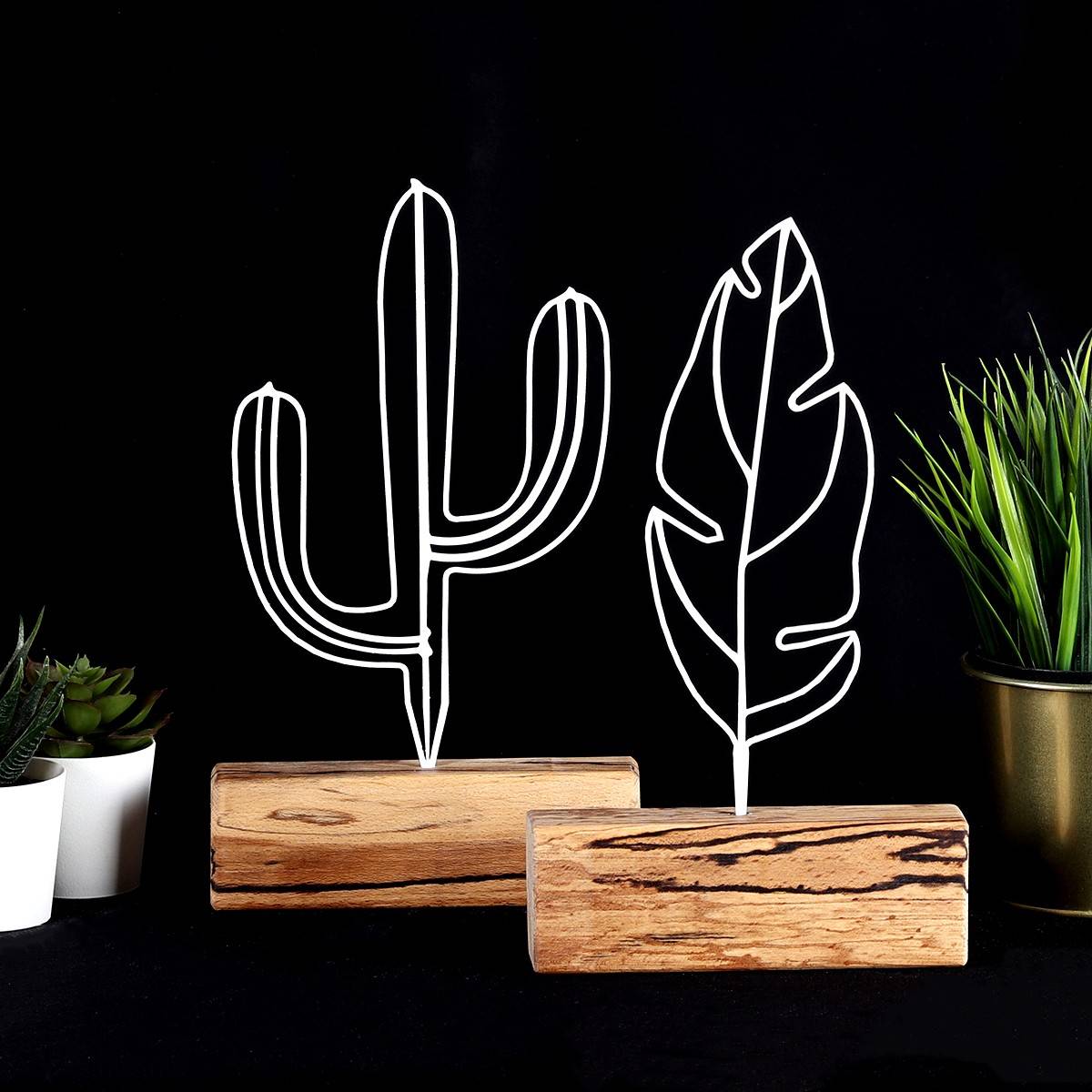Set van 2 decoratieve objecten te plaatsen Blad en Cactus Zidas Licht hout en metaal Wit