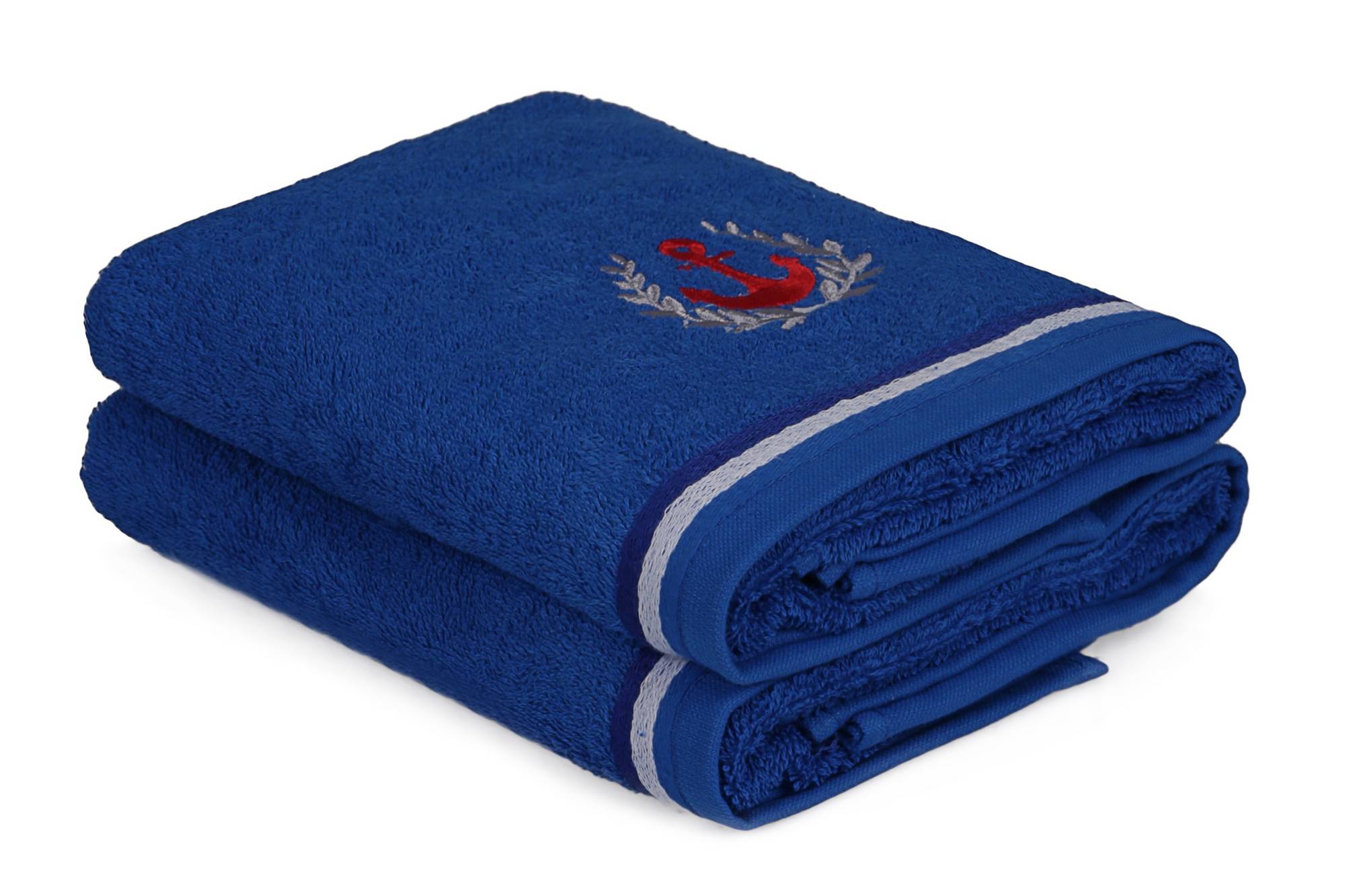 Juego de 2 toallas bordadas tema marino Anchora 50 x 90 cm 100% algodón Azul Real