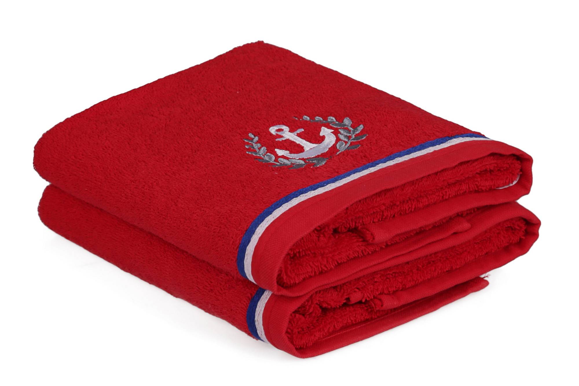 Set de 2 serviettes essuie-main broderies thème marin Anchora 50x90cm 100% Coton Rouge