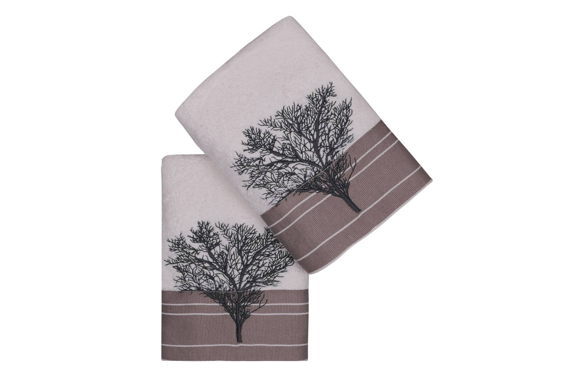 Set van 2 handdoeken grote rand borduurwerk boom Apparatum 50 x 90 cm 100% Micro Katoen Wit Beige
