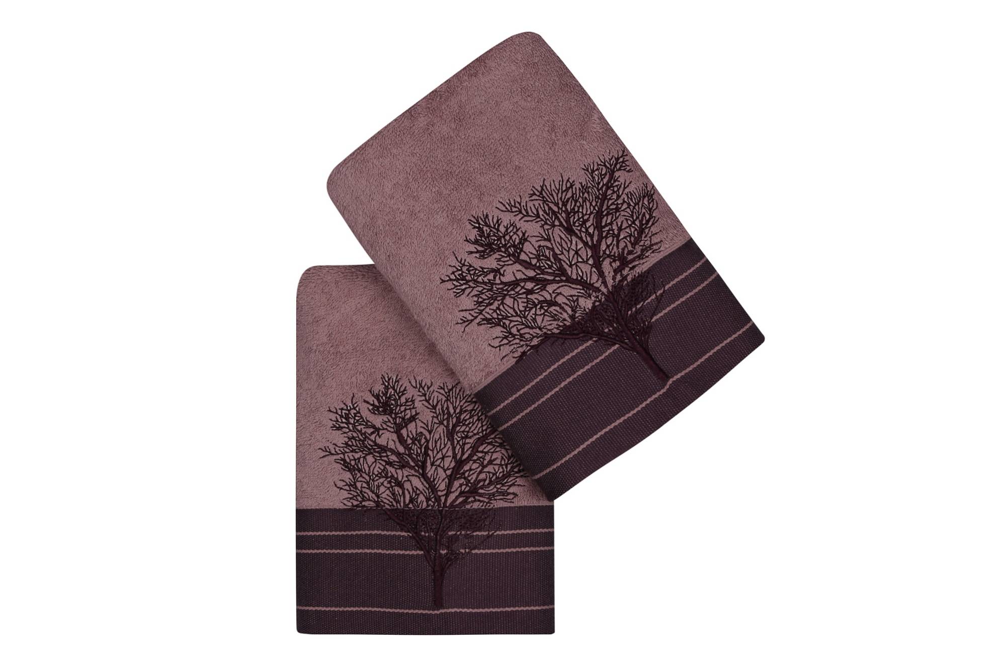 Set de 2 serviettes essuie-main grand liteau broderie arbre Apparatum 50x90cm 100% Micro Coton Marron chocolat