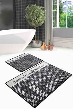Set de 2 tapis de bain rectangles Equestris maillage Tissu Velours Noir et Gris