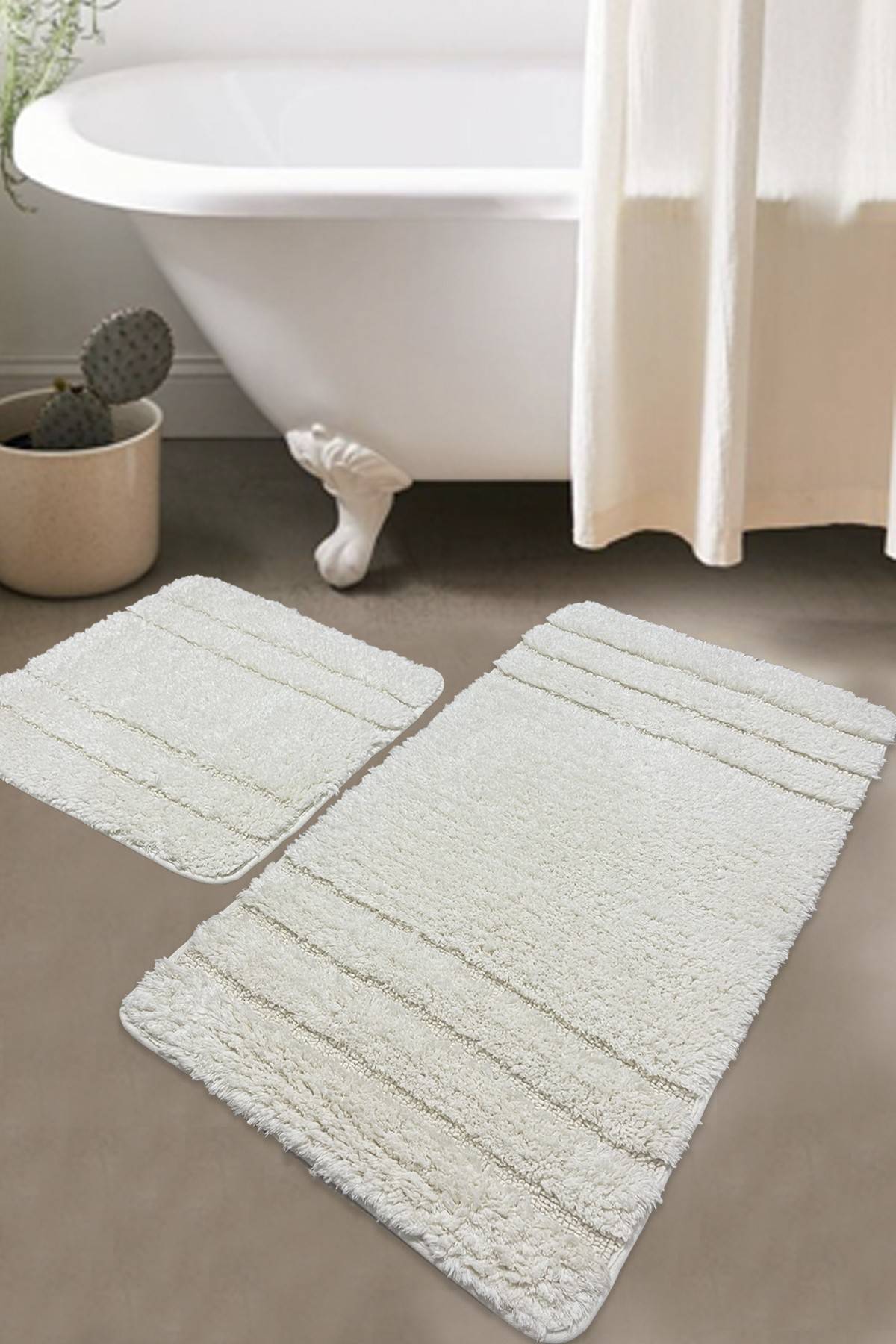 Set de 2 tapis de salle de bain Erlin 100% Coton Écru avec rayures