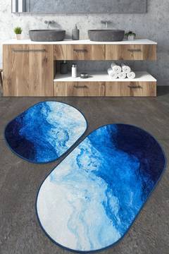 Set aus 2 ovalen Badezimmerteppichen Wangi Wellenmuster Blau und Weiß