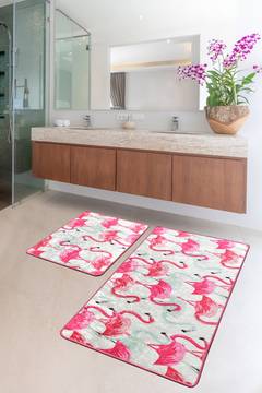 Juego de 2 alfombras de baño ovaladas Artem flamingos Micro Poliamida Multicolor