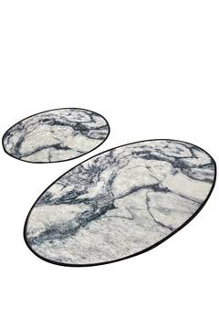 Set aus 2 ovalen Badezimmerteppichen Artem in Pulverschnee-Optik Velours Schwarz und Weiß