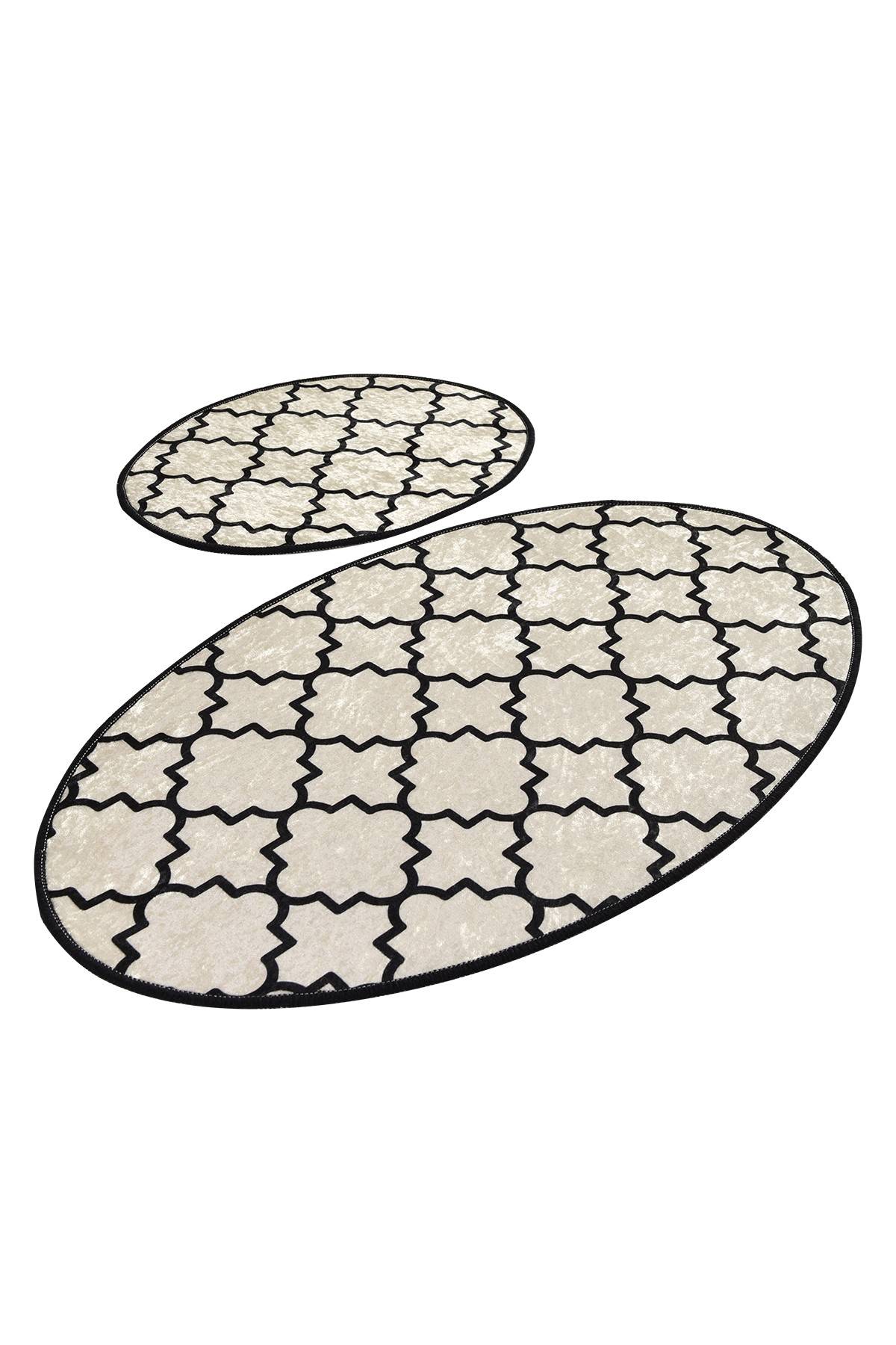 Set de 2 tapis de salle de bain ovales Ornamel 50x60cm Motif Géométrique Blanc