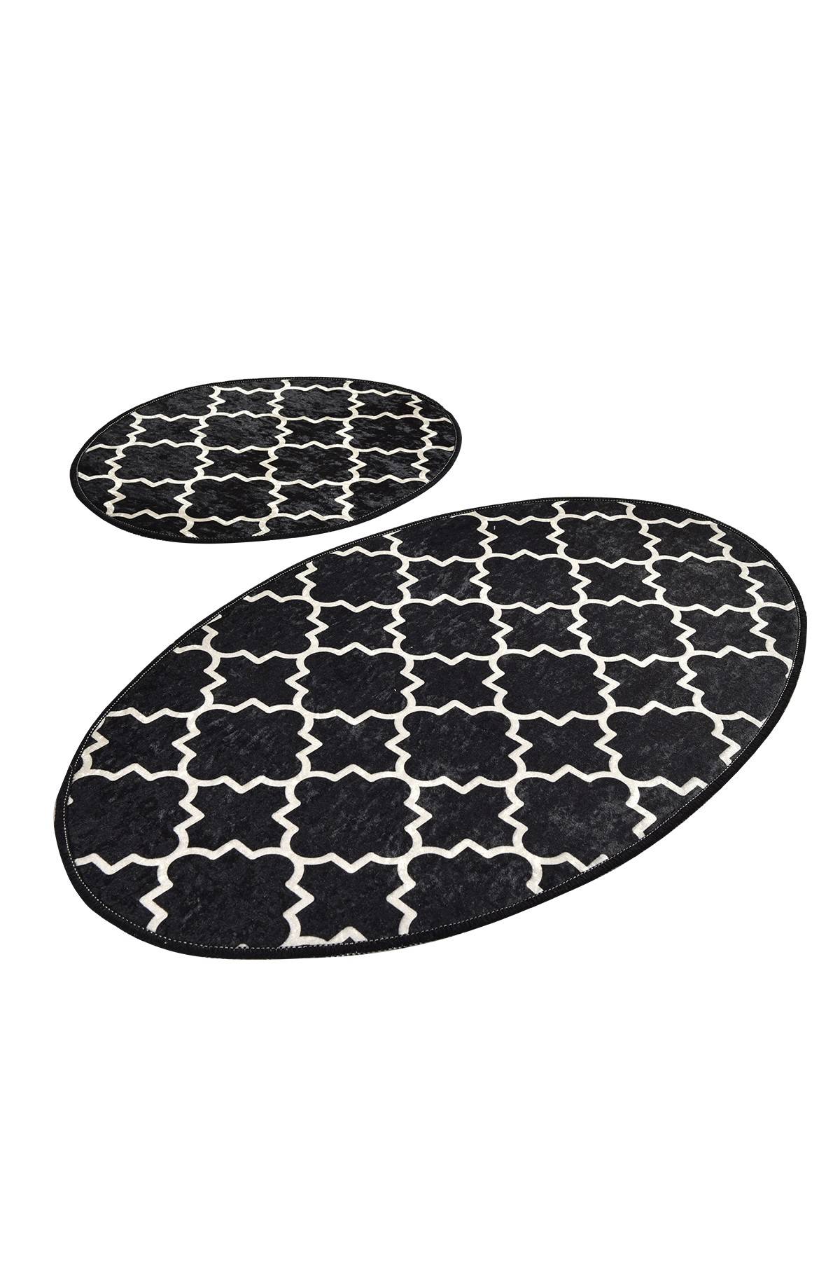 Set aus 2 ovalen Badezimmerteppichen Ornamel 50x60cm Geometrisches Muster Schwarz