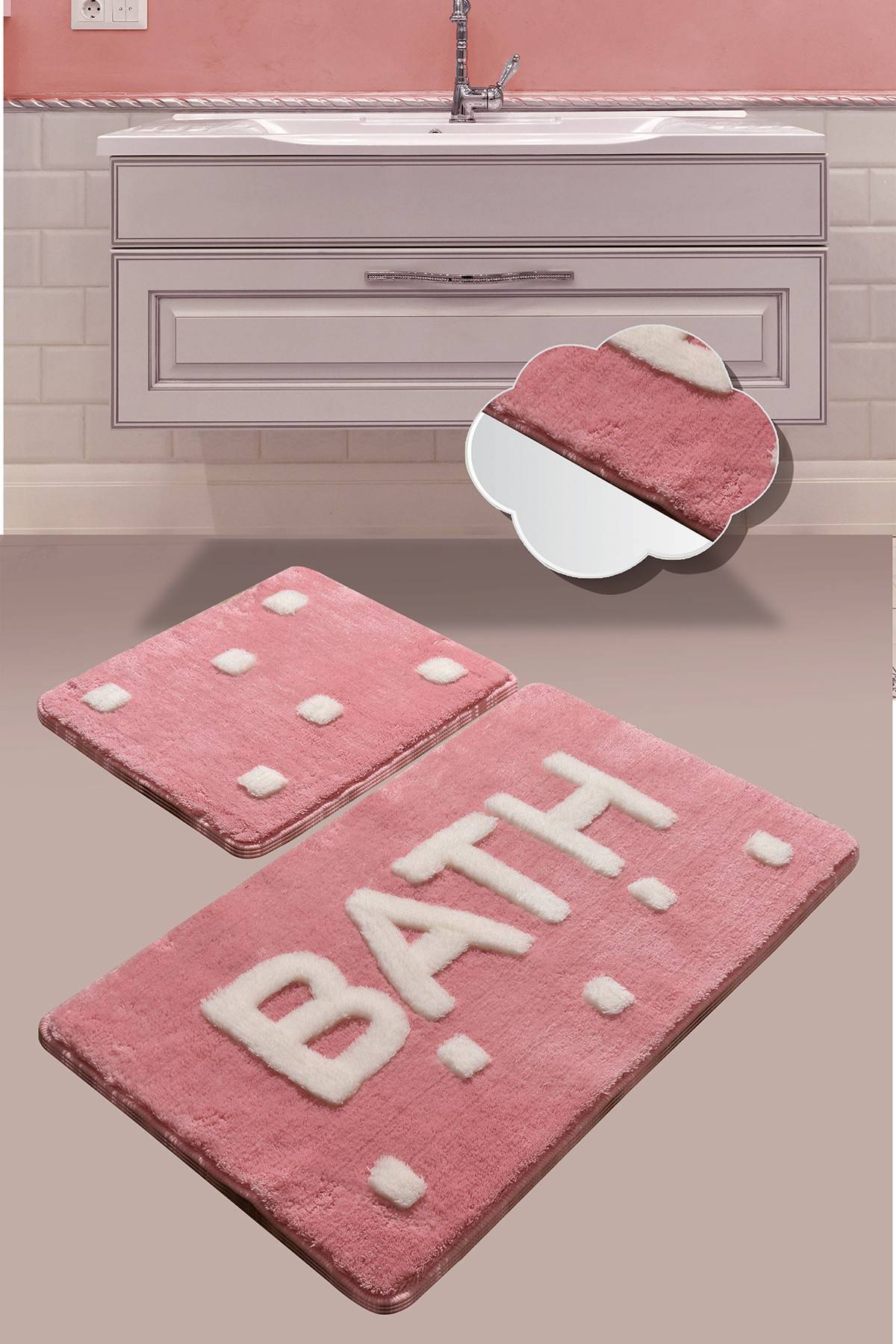 Set de 2 tapis de salle de bain rectangles Artem carrés blancs BATH Acrylique Rose