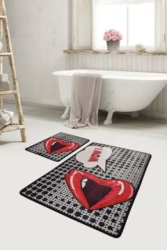 Set de 2 tapis de salle de bain rectangles Virut Velours Motif Pop'art lèvres 