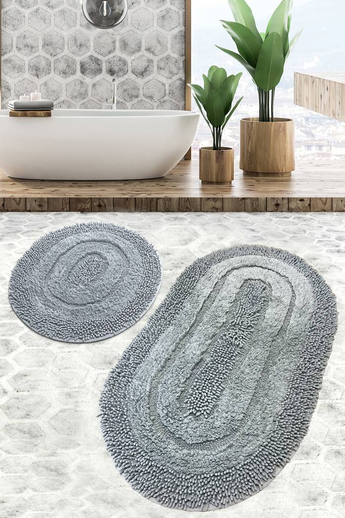 Set de 2 tapis de salle de bain Salasiwa 100% Coton Gris clair en