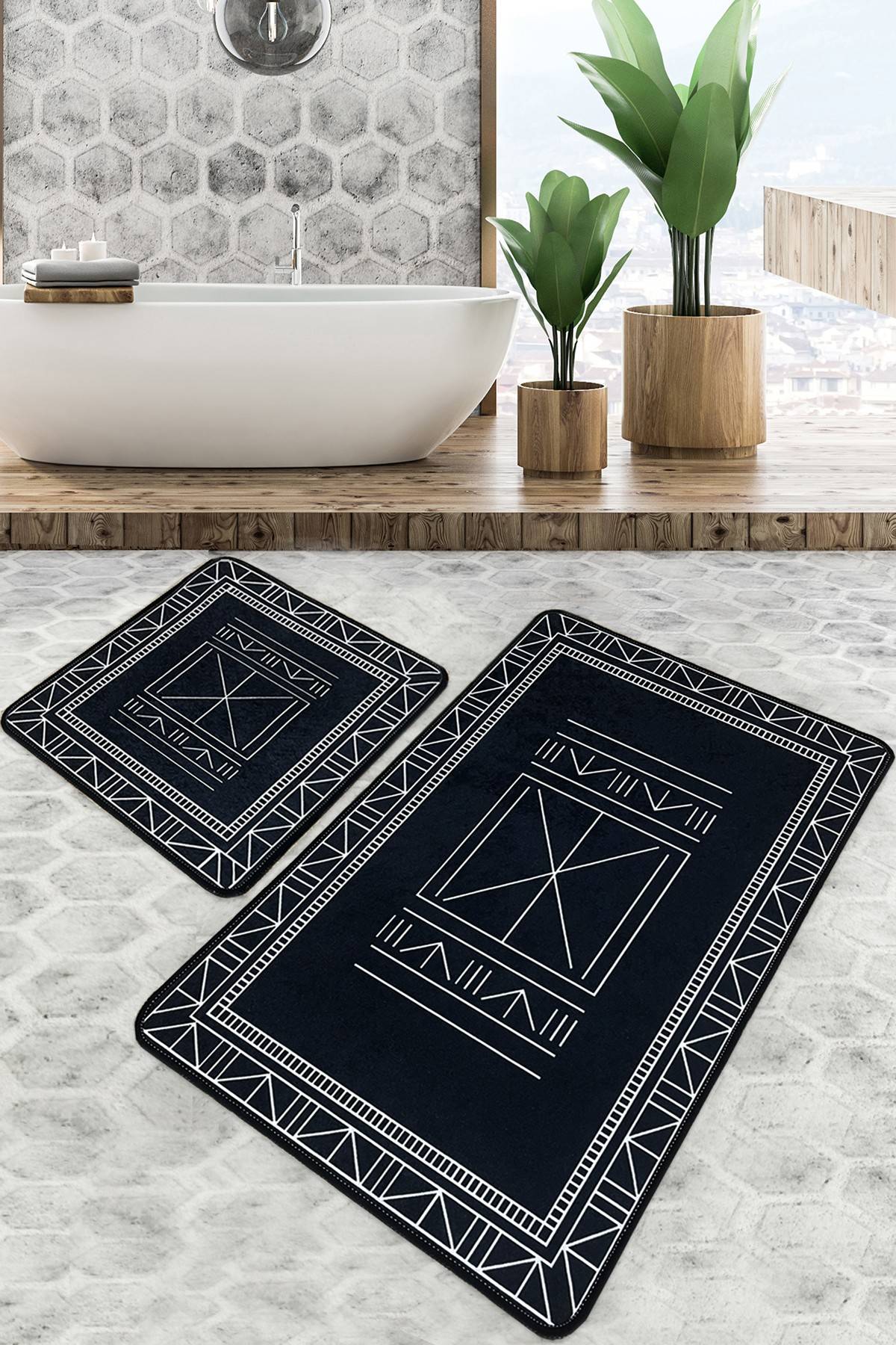 Juego de 2 alfombras de baño Yanlin Amazigh estampado Blanco y Negro