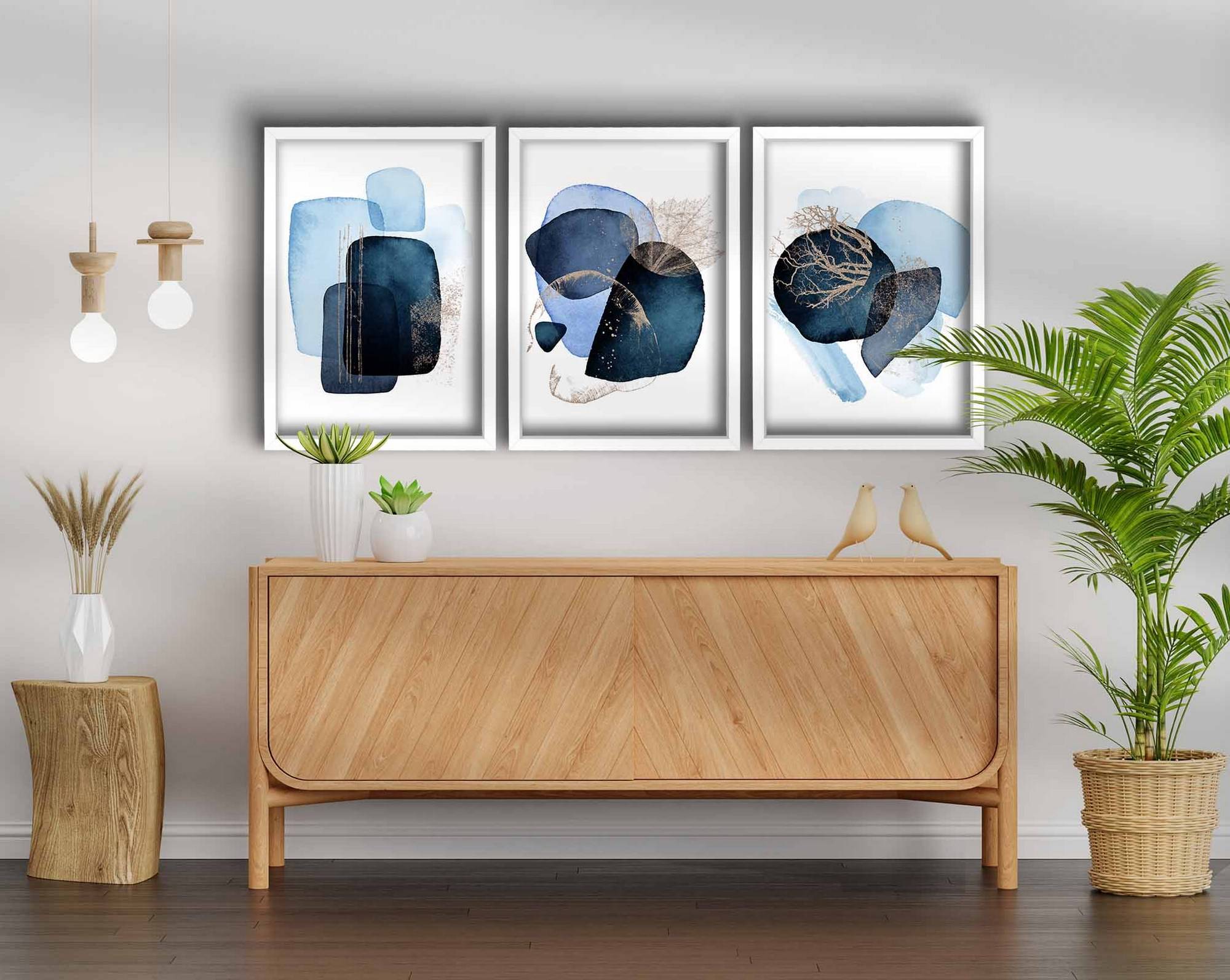 Set de 3 tableaux décoratifs avec cadres Blanc Arès L38xH53cm Style Abstrait Bleu
