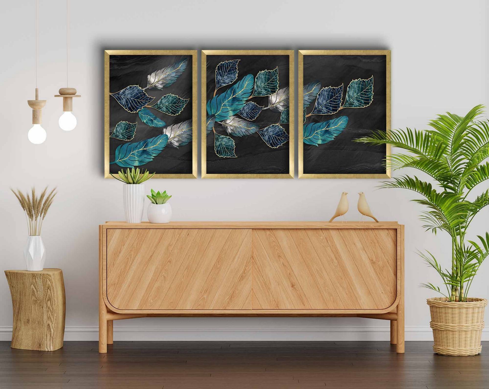 Set de 3 tableaux avec cadres Blanc Keto L38xH53cm Feuilles et plumes Bleu et Noir