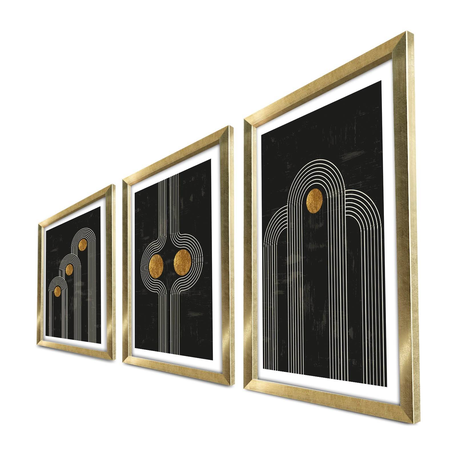 Set de 3 cadres décoratifs bois Blanc Leucothée L38xH53cm Style Géométrique  Abstrait Noir, Blanc et Or