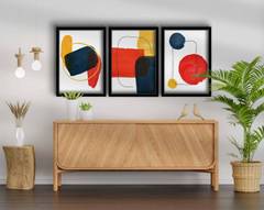 Set de 3 cadres décoratifs bois Noir Telchines L38xH53cm Style Abstrait Bleu, Rouge et Jaune