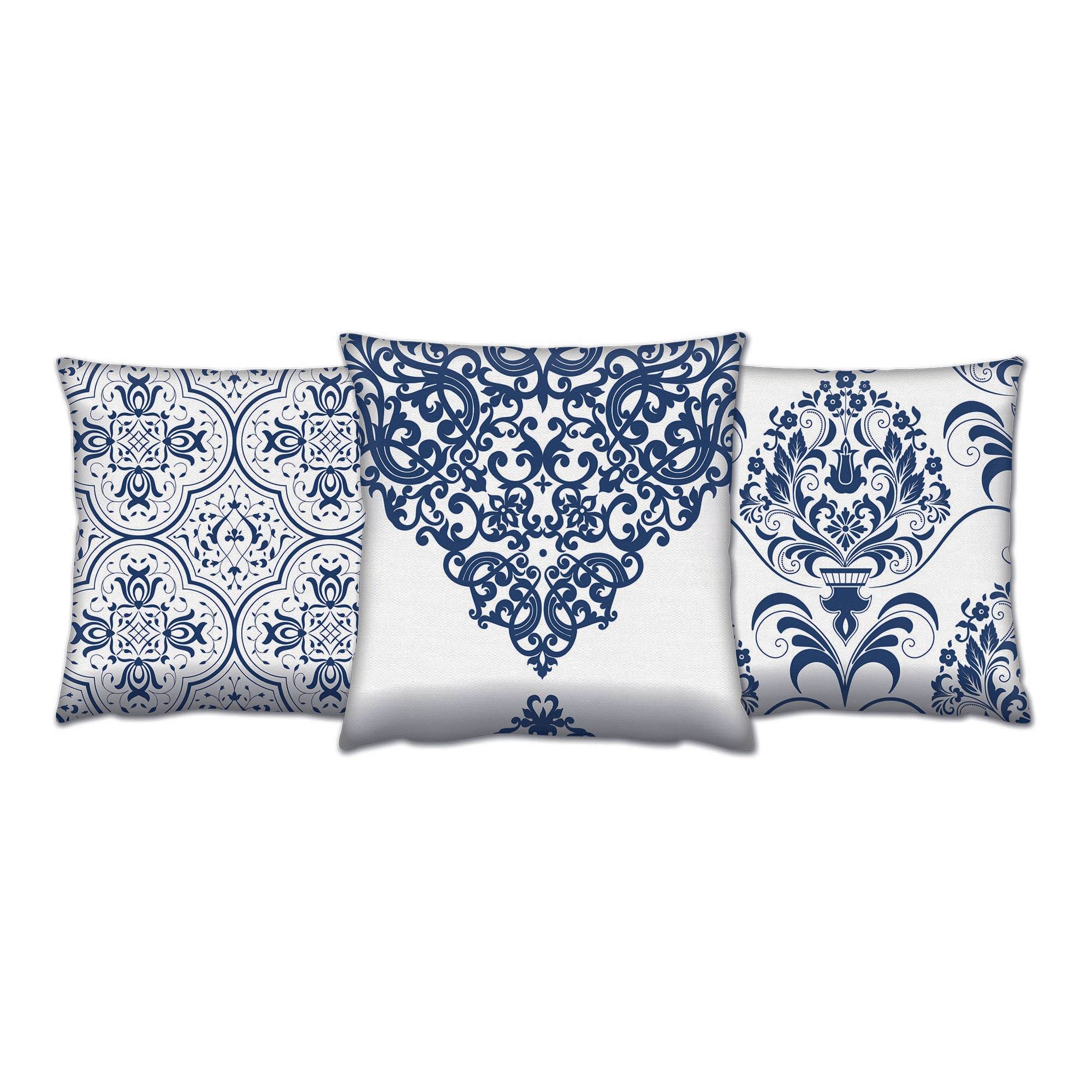 Set de 3 coussins assortis Decorare Baroque chic 43 x 43 cm Coton Polyester Bleu foncé sur Blanc