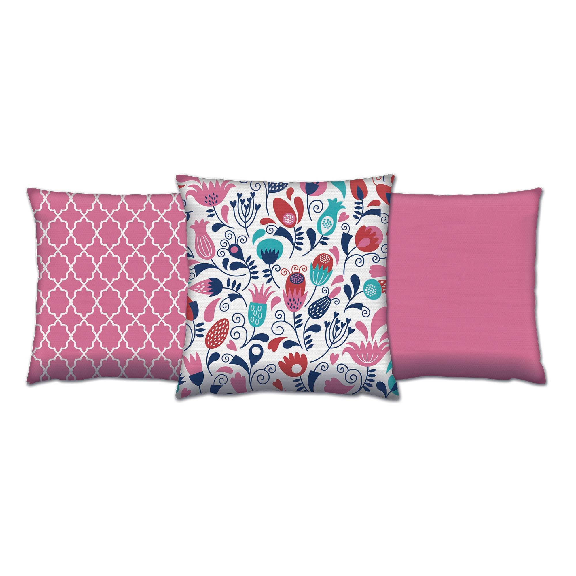 Set aus 3 passenden Kissen Decorare Floral 43x 43 cm Baumwolle Polyester Pink, Rot und Blau