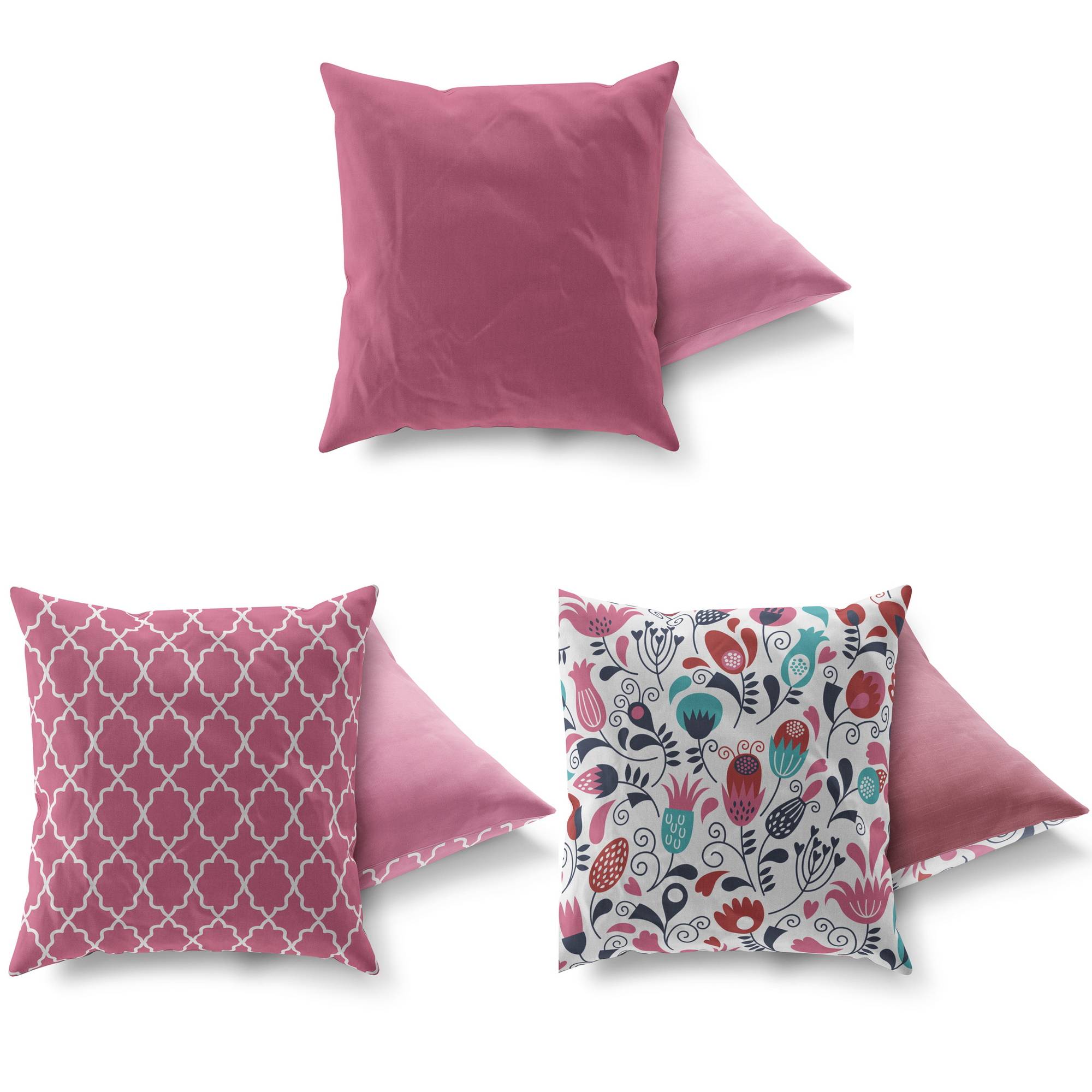 Set di 3 cuscini assortiti Decorare Floral 43x 43 cm Cotone Poliestere Rosa,  Rosso e Blu