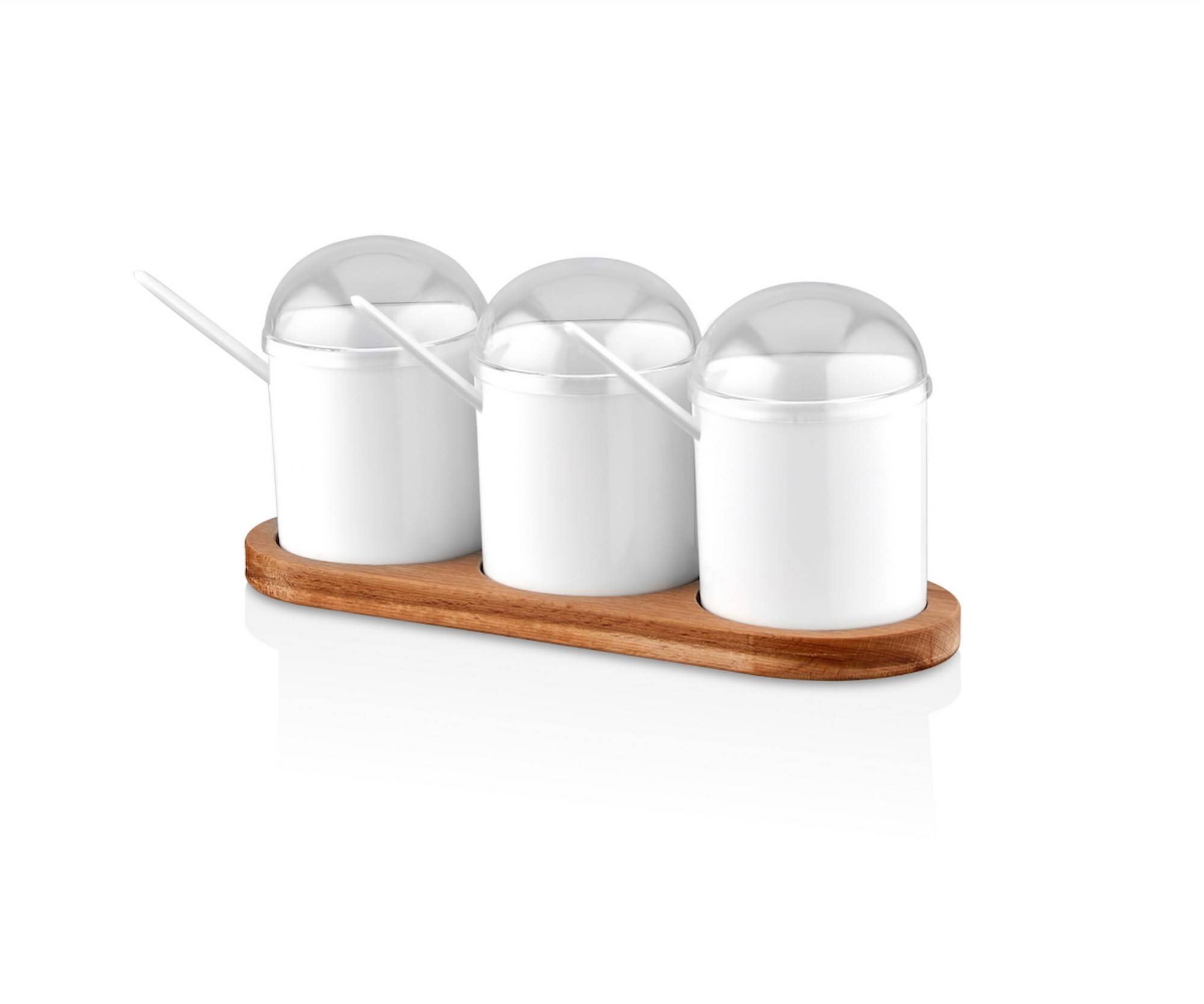 Set de 3 pots à épices avec cuillères et plateau en bois clair Hadès Blanc et Transparent