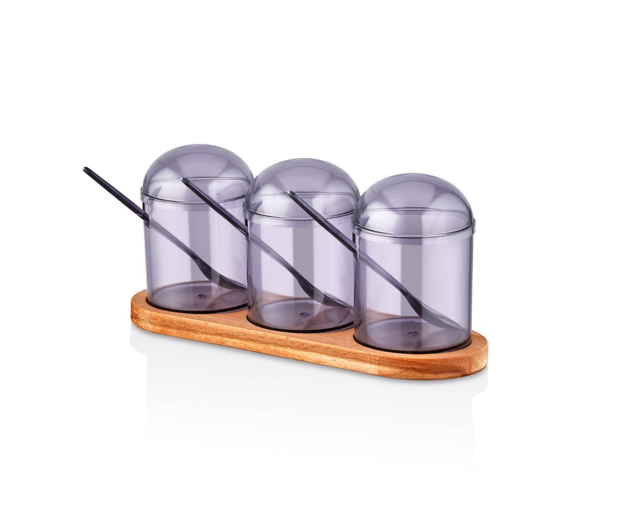 Set aus 3 Gewürzgläsern mit Löffeln und Tablett aus hellem Holz Hades Violett