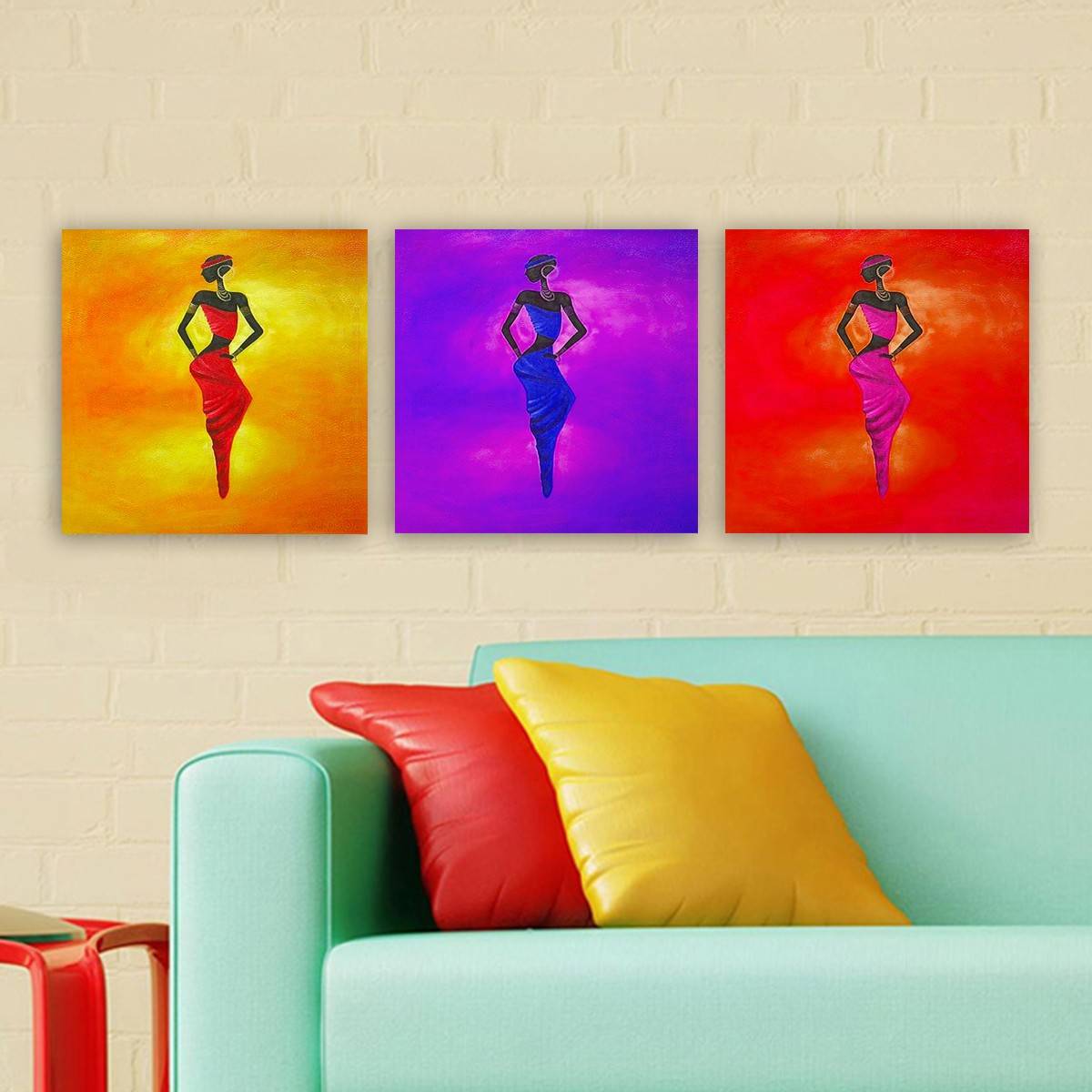 Set van 3 decoratieve schilderijen Afrikaanse kunst vrouw Scaenicos Canvas Hout Multicolour