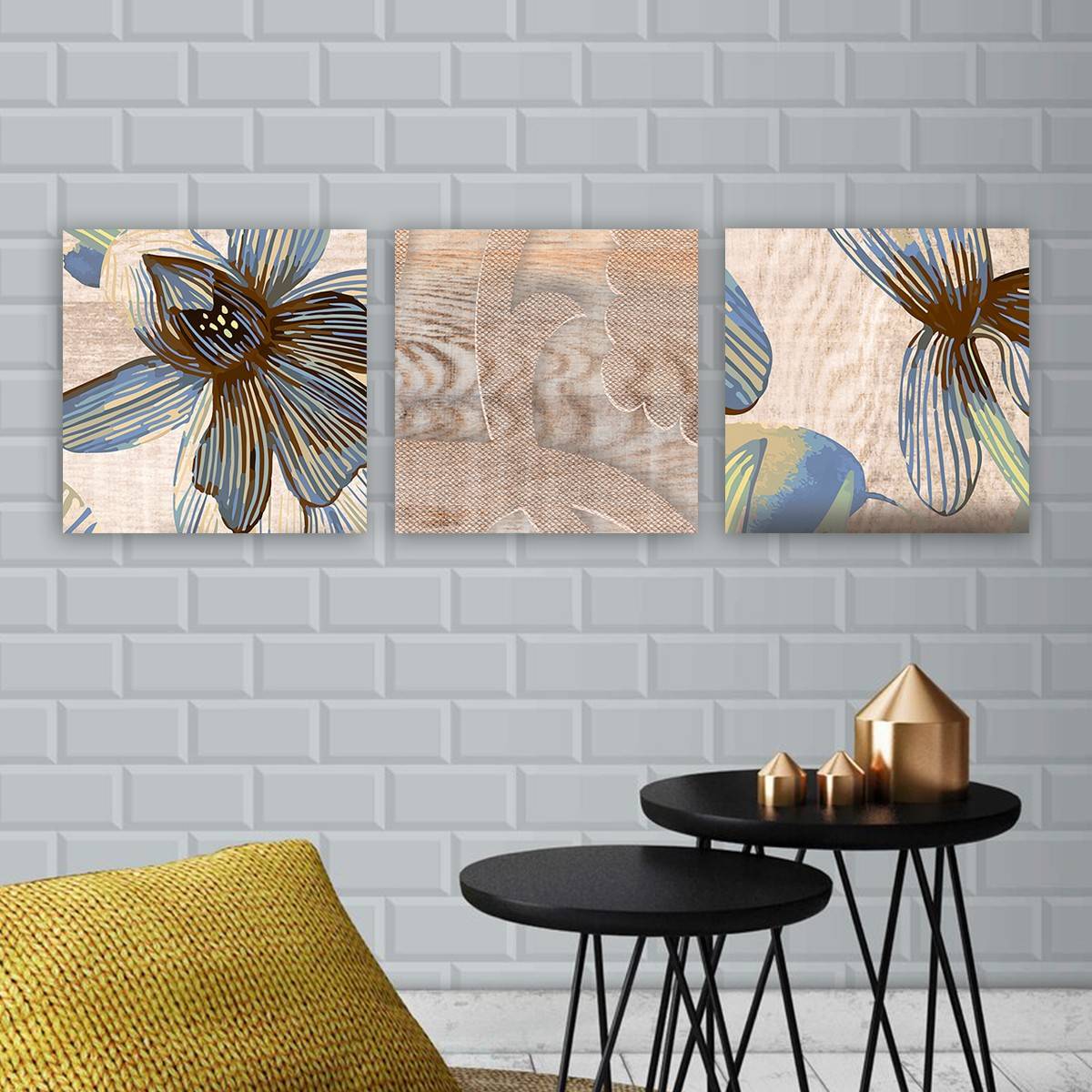 Set van 3 gebogen bloemenschilderijen Scaenicos Canvas Hout Multicolour