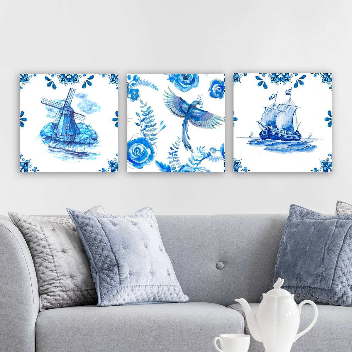 Set mit 3 dekorativen Gemälden von Scaenicos, Windmühle, Vogel und Segelboot, blau