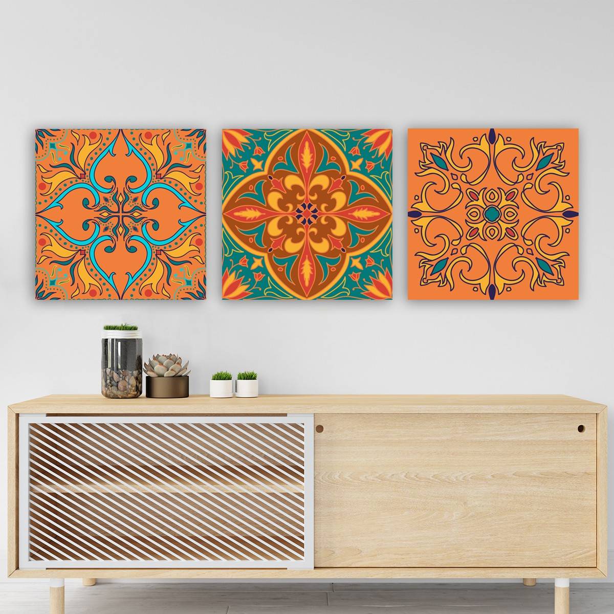 Set di 3 quadri decorativi Scaenicos Motivo ornamentale arabeschi a quattro foglie Arancio, Blu e Verde