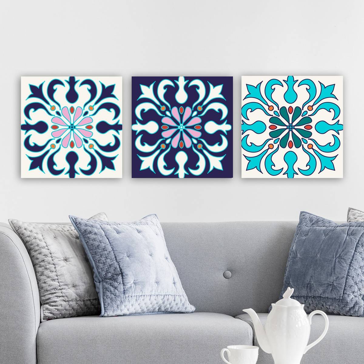 Set de 3 tableaux décoratif Scaenicos Motif Ornemental rosace arabesques Bleu, Blanc et Rose