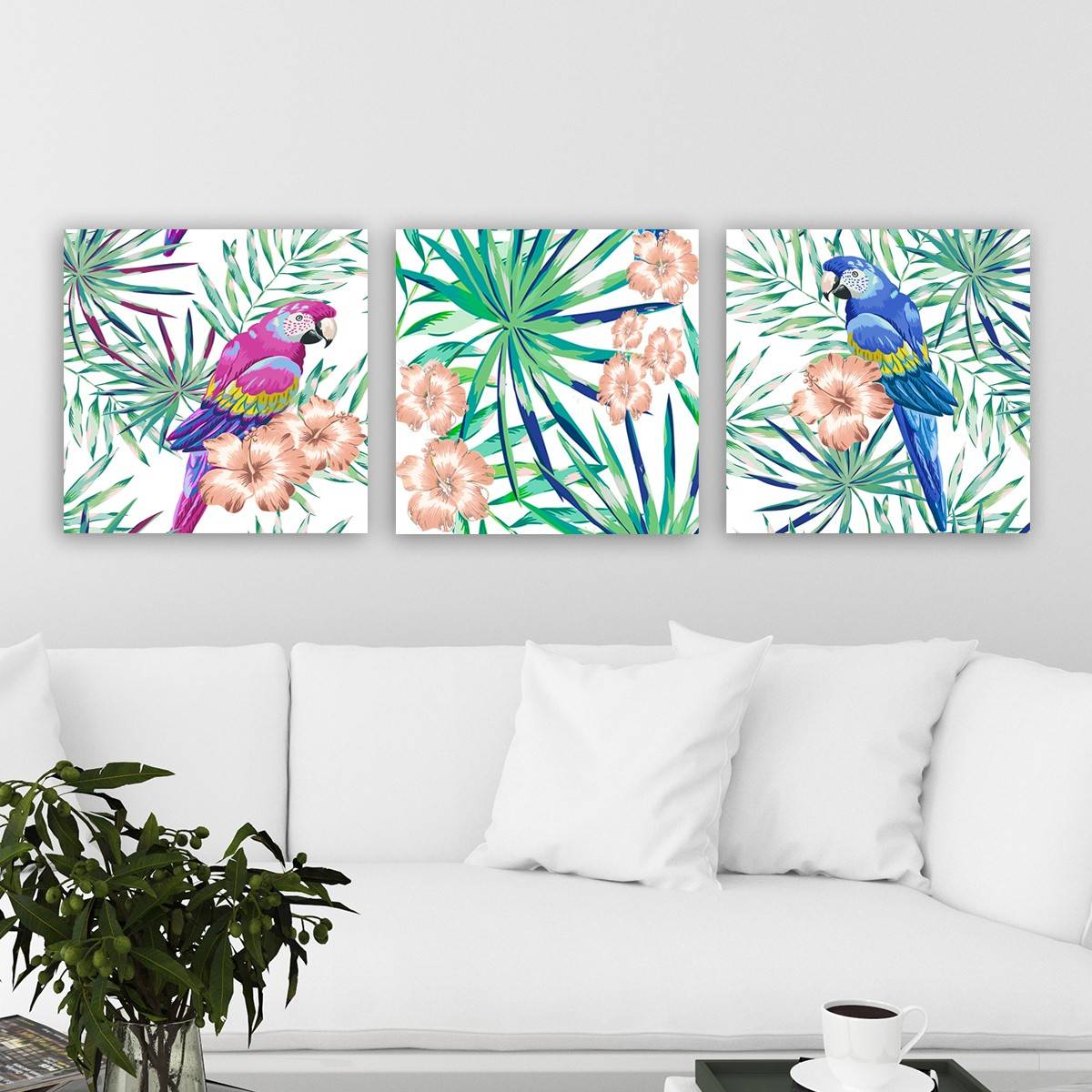 Set mit 3 dekorativen Gemälden von Scaenicos, Aquarell-Papageienmuster