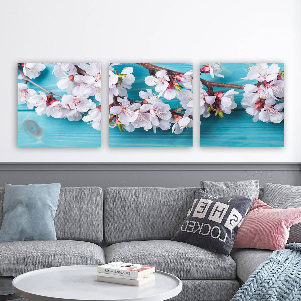 Set mit 3 dekorativen Gemälden von Scaenicos mit Kirschblüten-Zweigmuster