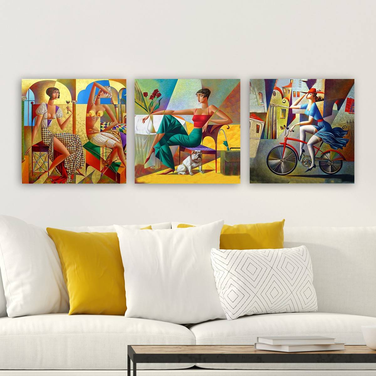 Set van 3 schilderijen Womune 30x30cm Vrouwenmotief kubisme stijl