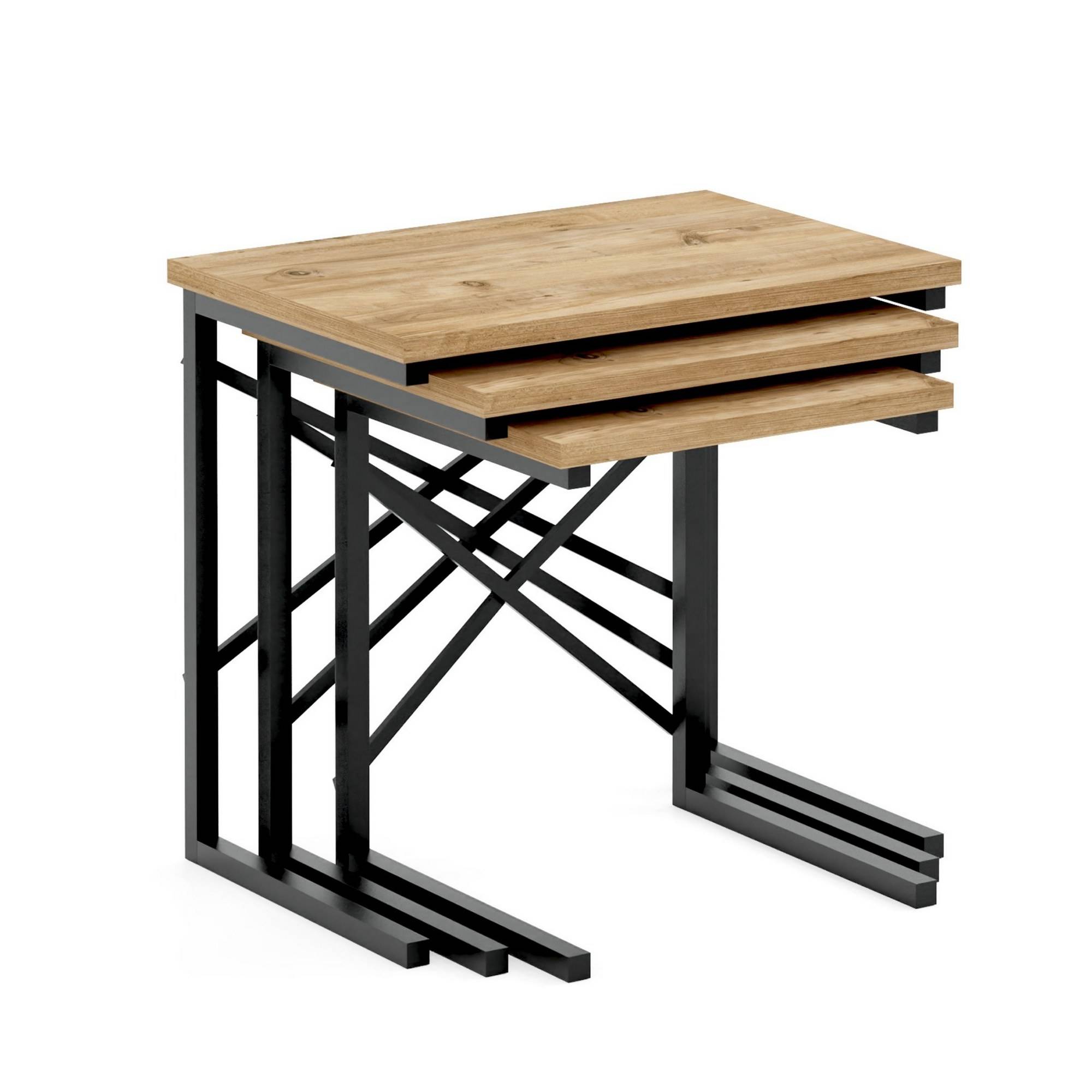 Set di 3 tavolini Kerlabo in legno chiaro e metallo nero
