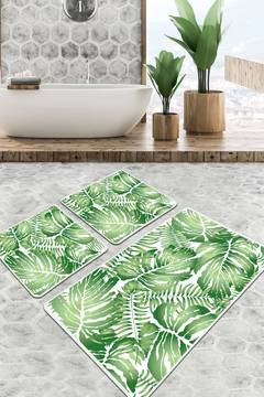 Set aus 3 Badezimmerteppichen Foliacel 60x100cm Pflanzenmotiv Grün