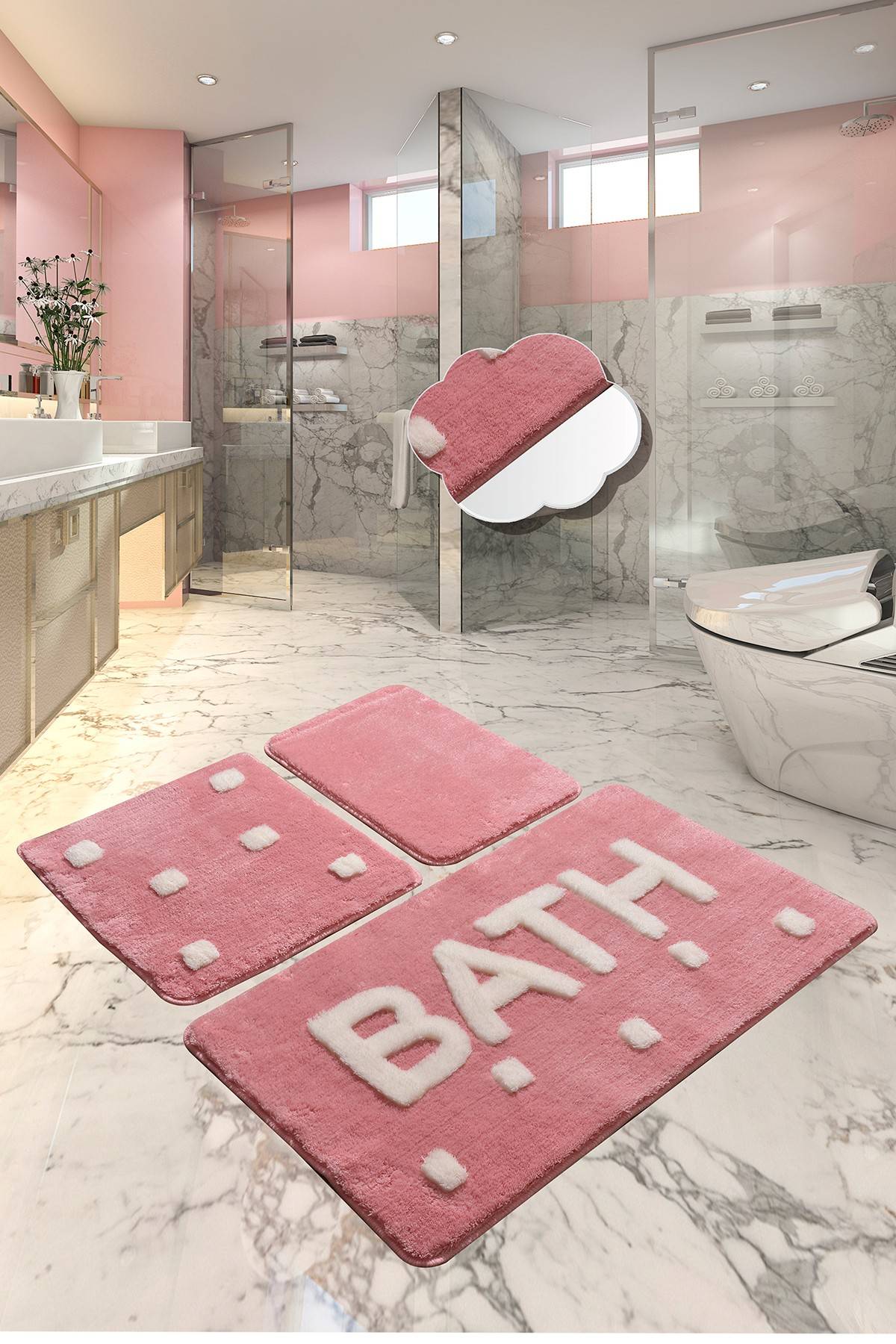Set von 3 Badezimmerteppichen rechteckig Artem quadratisch weiß BATH Acryl Rose