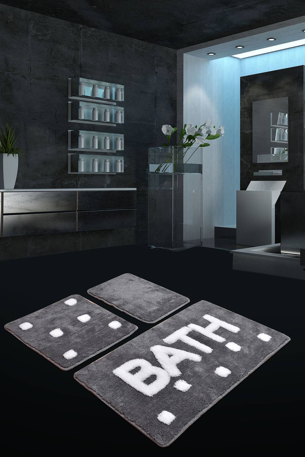 Set aus 3 rechteckigen Badezimmerteppichen Artem quadratisch weiß BATH Acryl Weiß auf Grau