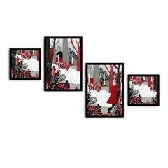Set di 4 immagini con cornici nere Tema Vilde "Cappuccetto Rosso" Nero, bianco e rosso