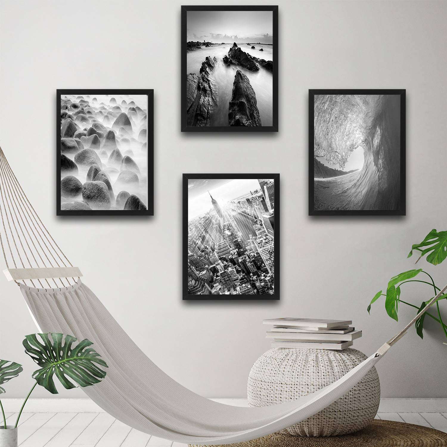 Set aus 4 dekorativen Gemälden Harmonicus 30 x 40 cm Landschaft Laminatpaneel Grauschattierung