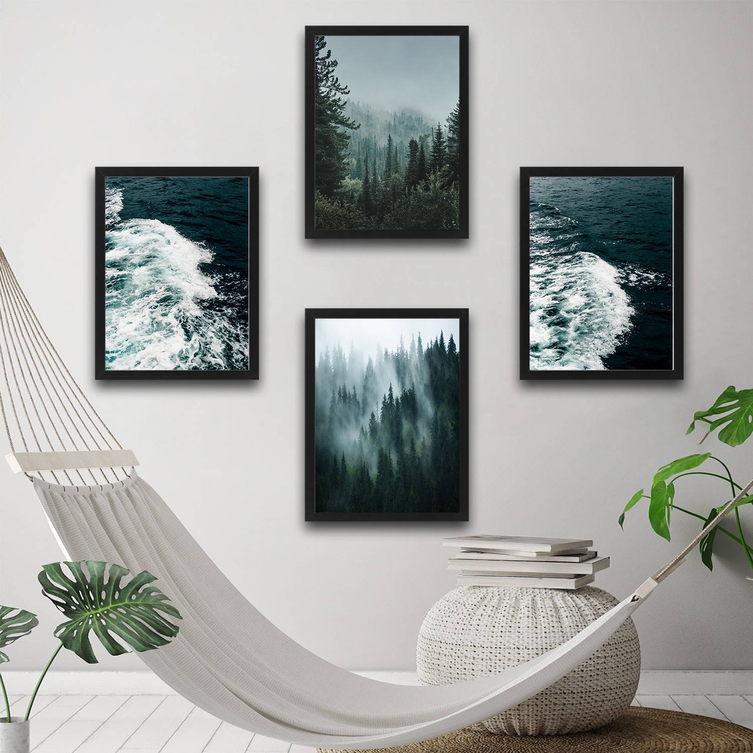 Set aus 4 dekorativen Gemälden Harmonicus 30 x 40 cm Landschaft Laminatpaneel Grünton