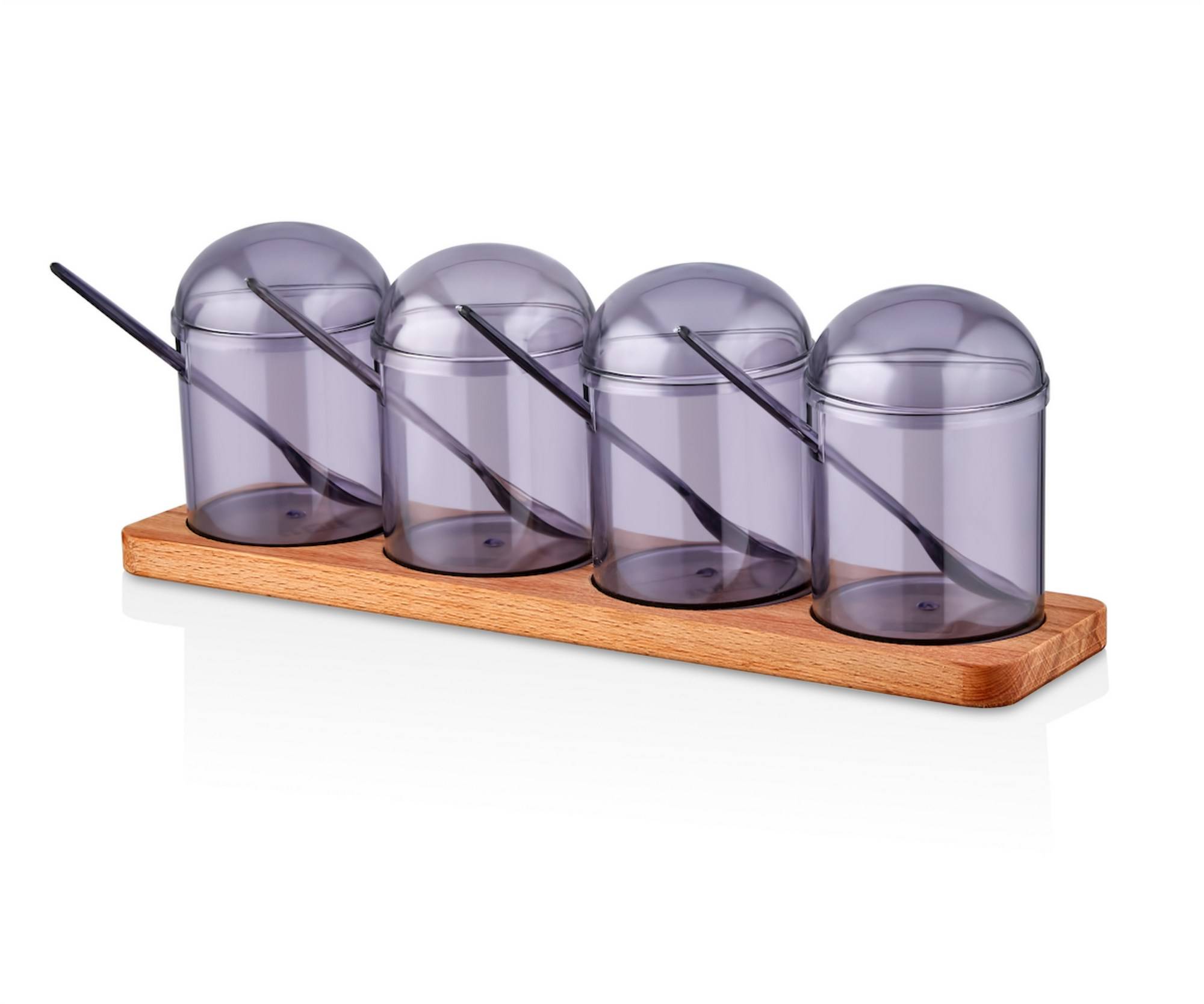 Set aus 4 Gewürzgläsern mit Löffeln und Tablett aus hellem Holz Hades Violett